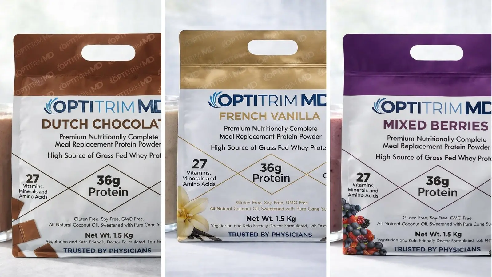 OptitrimMD 1.5 kg bulk bags in Dutch Chocolate, French Vanilla and Mixed Berries
