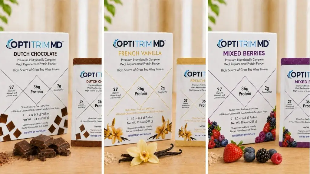 OptitrimMD 36 g meal replacement shake boxes in Dutch Chocolate, French Vanilla and Mixed Berries