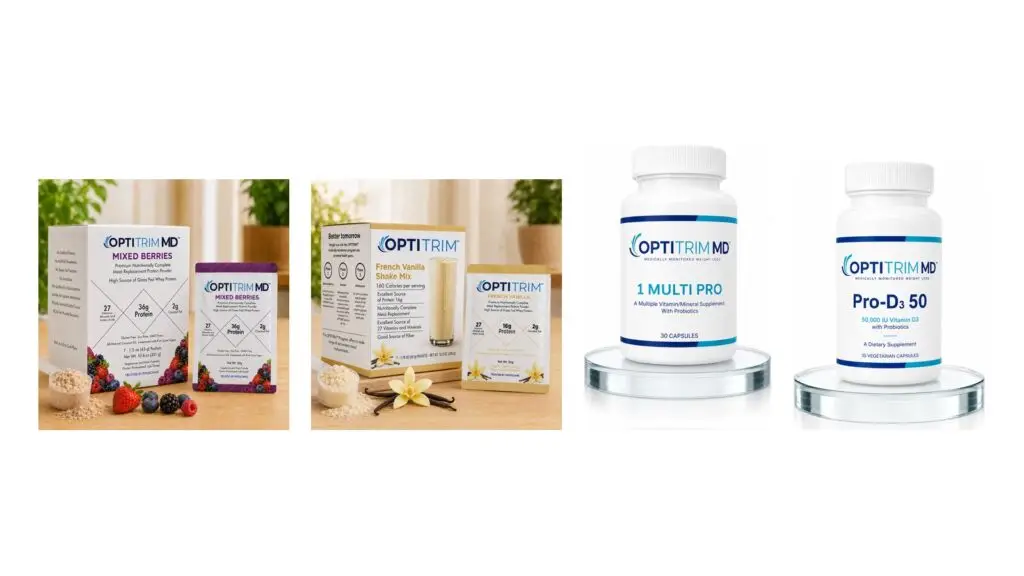 The OptitrimMD product range: 36 g and 16 g meal replacement shakes with the vitamin and supplement line