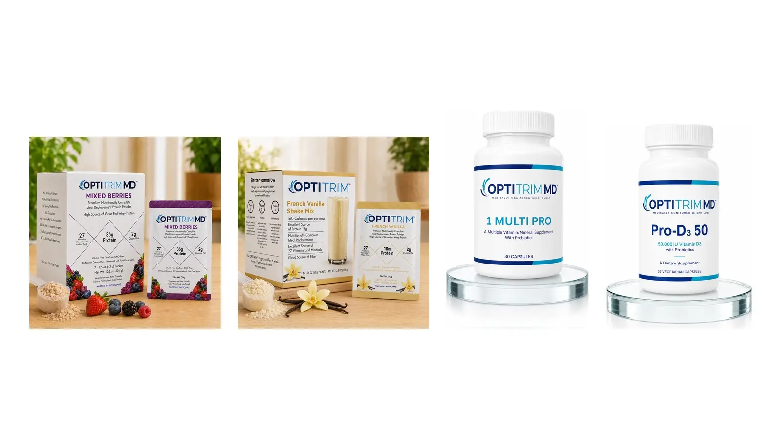 The OptitrimMD product range: 36 g and 16 g meal replacement shakes with the vitamin and supplement line