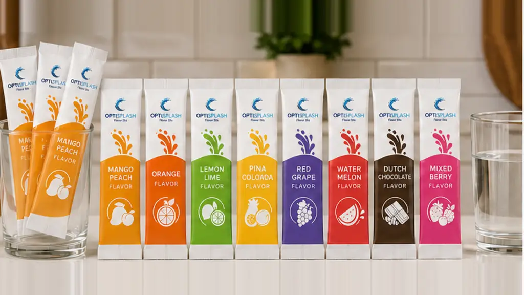 OptiSplash flavor sticks in eight flavors - Mango Peach, Orange, Lemon Lime, Pina Colada, Red Grape, Water Melon, Dutch Chocolate and Mixed Berry - coming soon