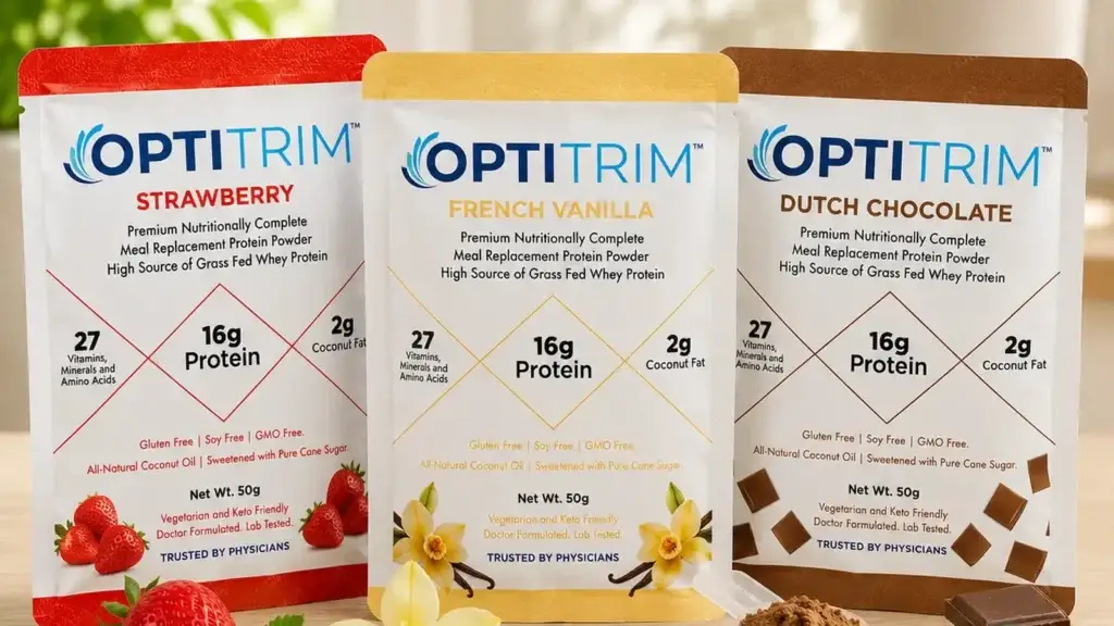 Optitrim 16 g meal replacement shake single-serve packets in Strawberry, French Vanilla and Dutch Chocolate