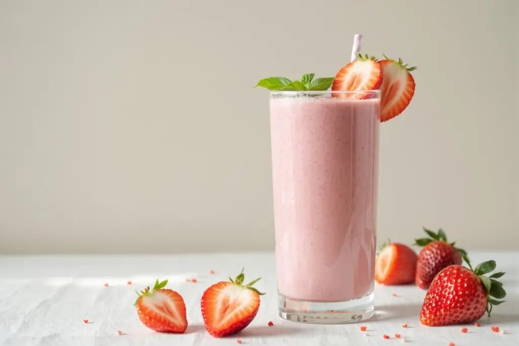 Strawberry Cream Cooler made with Optitrim Strawberry meal replacement shake